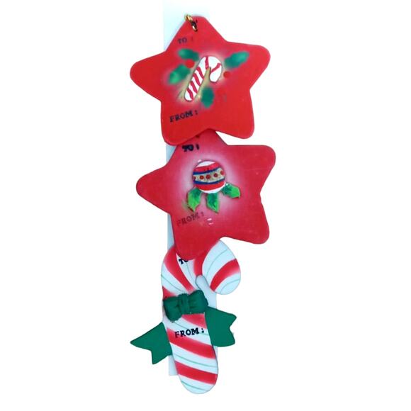 🎁 Vintage Ornament Gift Tags Candy Cane & Red Stars Set of 3 🎄🌟🍬 - Picture 8 of 12